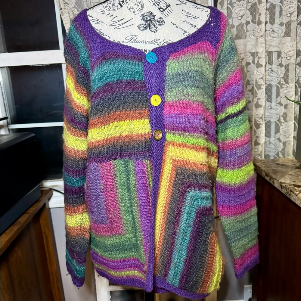 Hand Crafted Purple and Green Cardigan with Unique Geometric Pattern